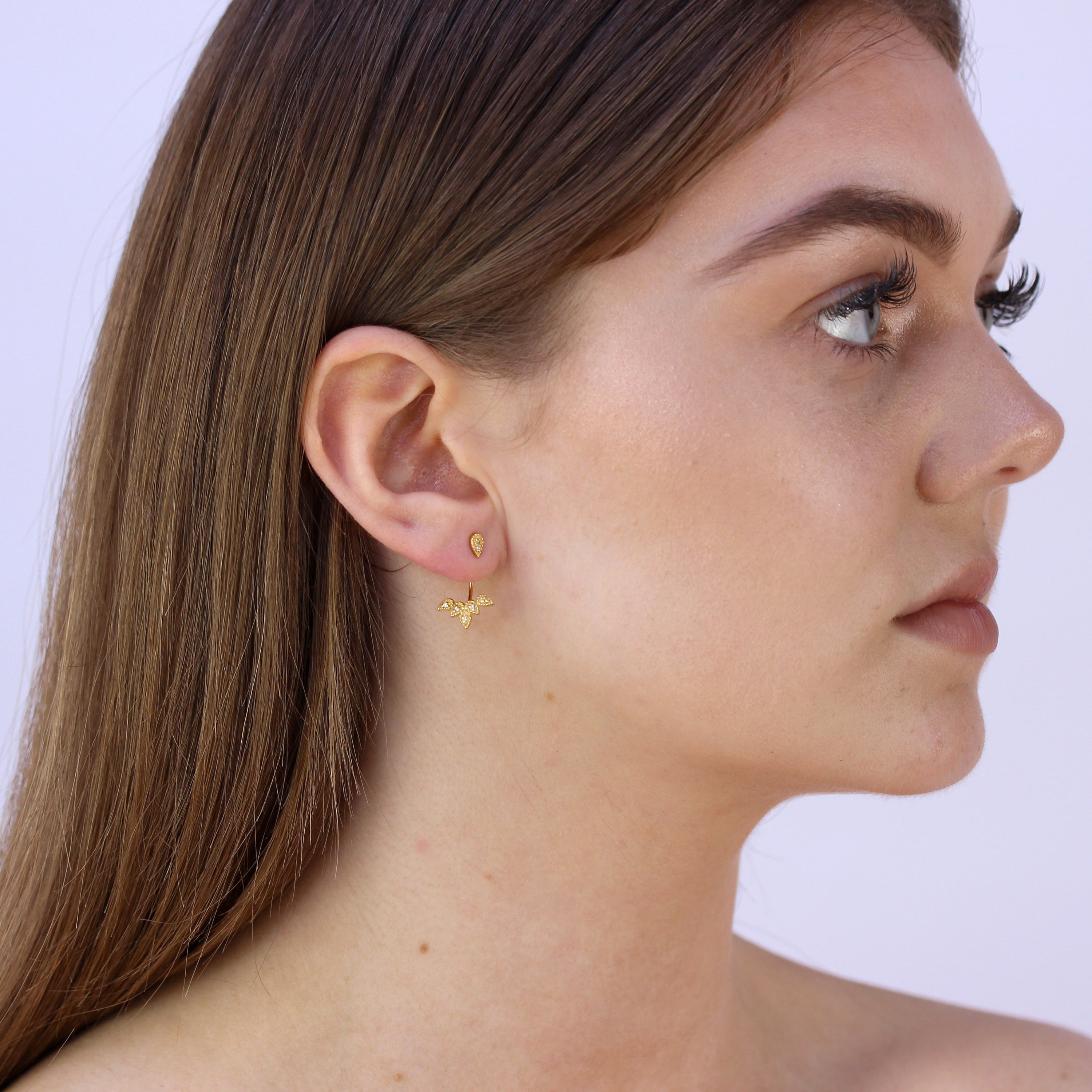 Gold Plated Sterling Silver Leaves CZ Ear Jacket Stud Earrings