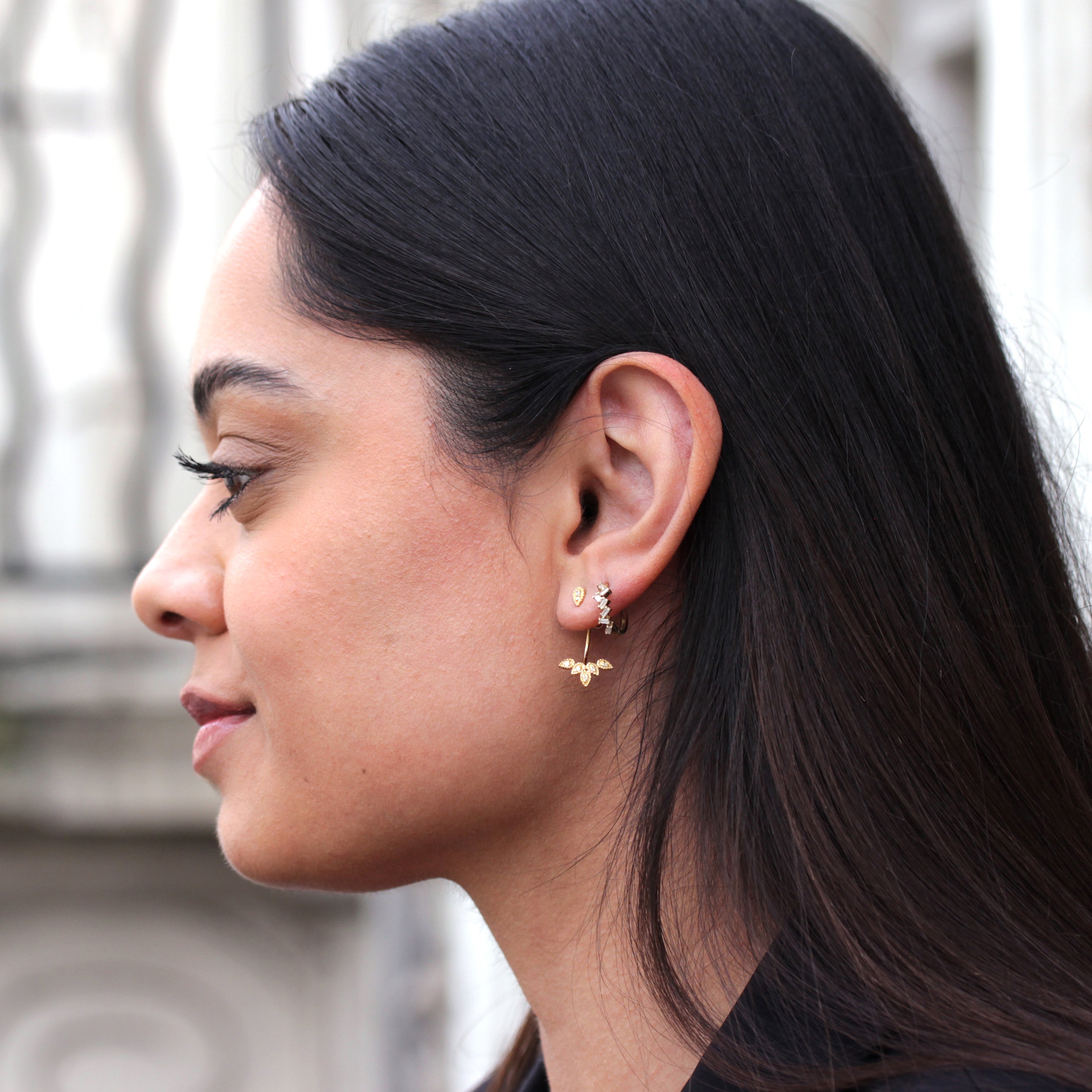 Gold Plated Sterling Silver Leaves CZ Ear Jacket Stud Earrings