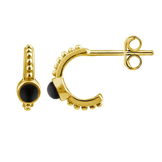 Gold Plated Sterling Silver Faux Onyx Beaded Hoop Stud Earrings - jewellerybox