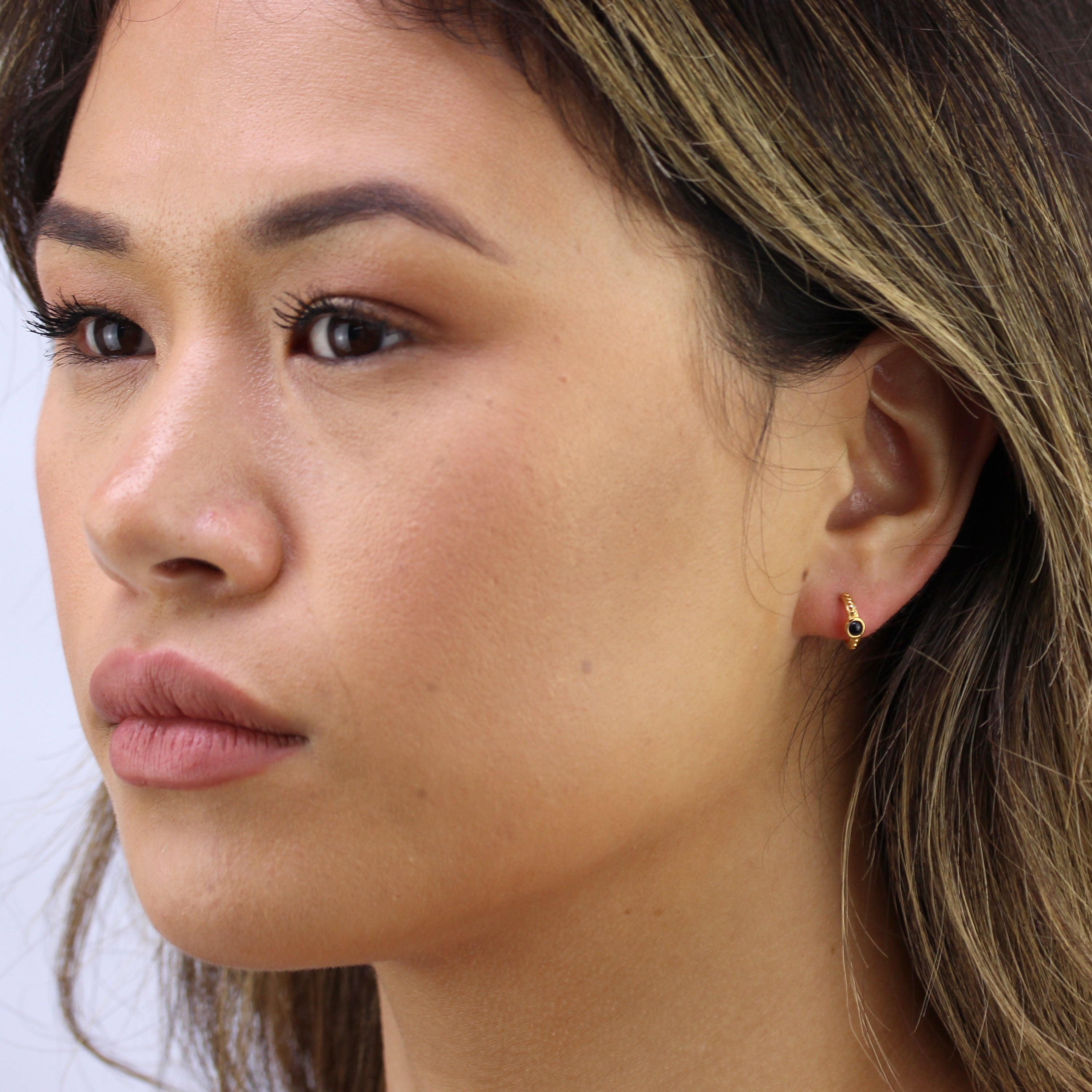 Gold Plated Sterling Silver Faux Onyx Beaded Hoop Stud Earrings