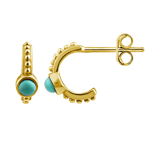 Gold Plated Sterling Silver Faux Turquoise Beaded Hoop Stud Earrings