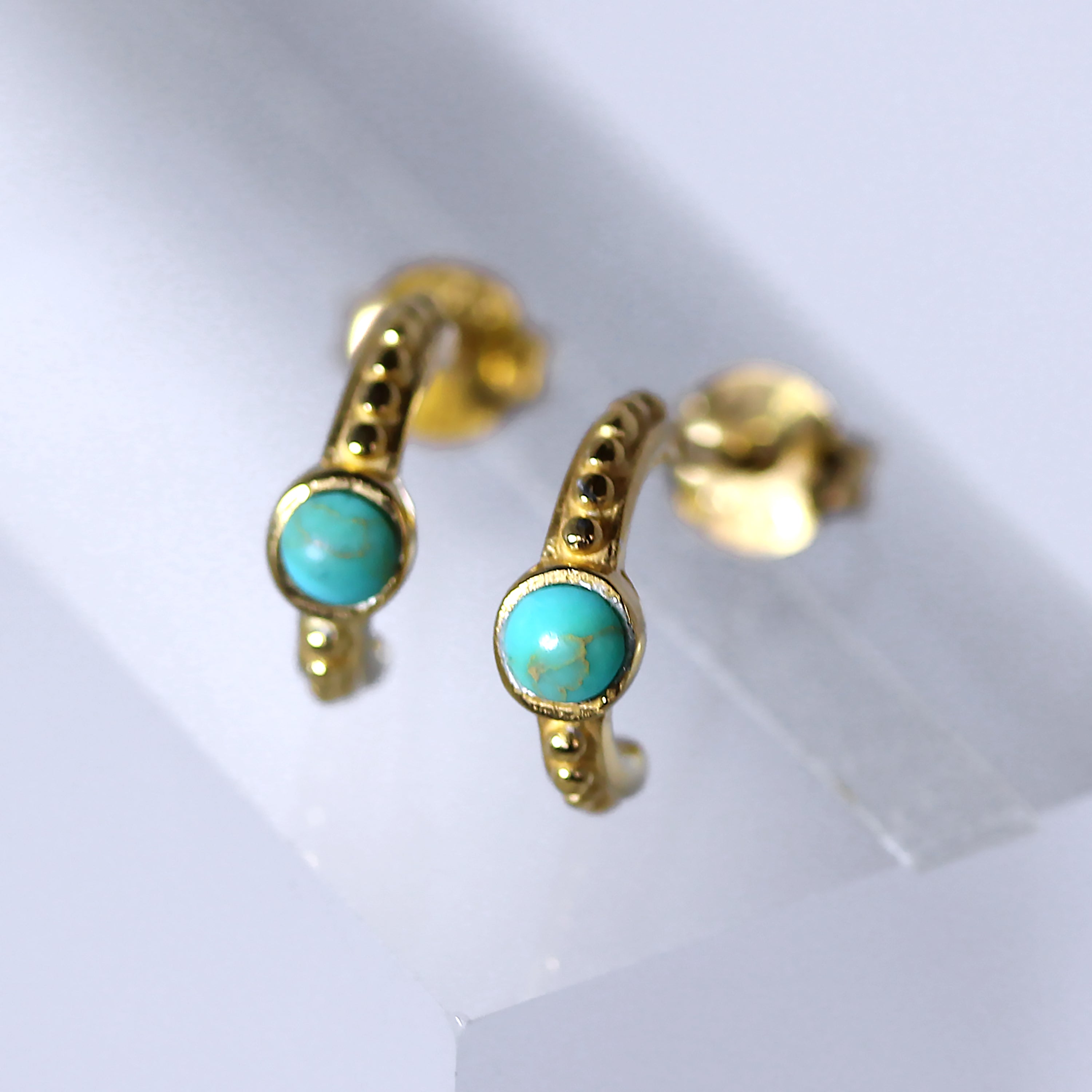 Gold Plated Sterling Silver Faux Turquoise Beaded Hoop Stud Earrings