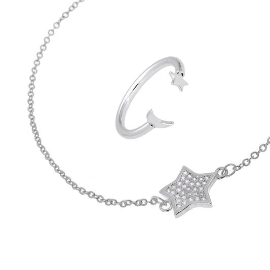Sterling Silver Moon & Star Bracelet & Adjustable Ring Set
