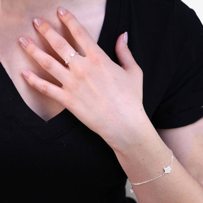 Sterling Silver Moon & Star Bracelet & Adjustable Ring Set