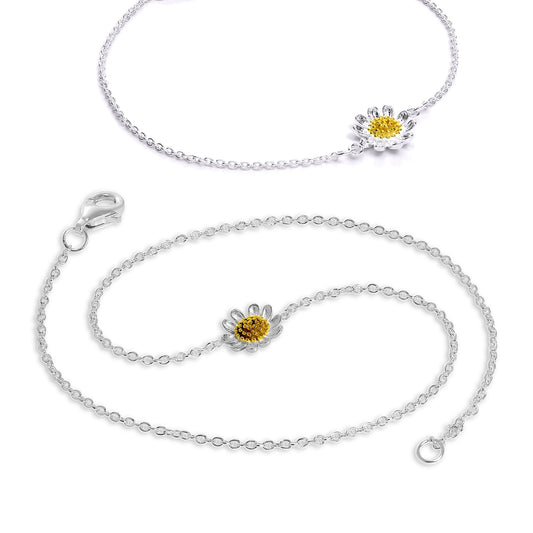 Sterling Silver Daisy Anklet & Bracelet Set