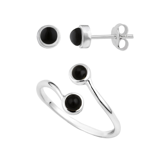 Sterling Silver Black Stone Stud Earrings & Adjustable Ring Set