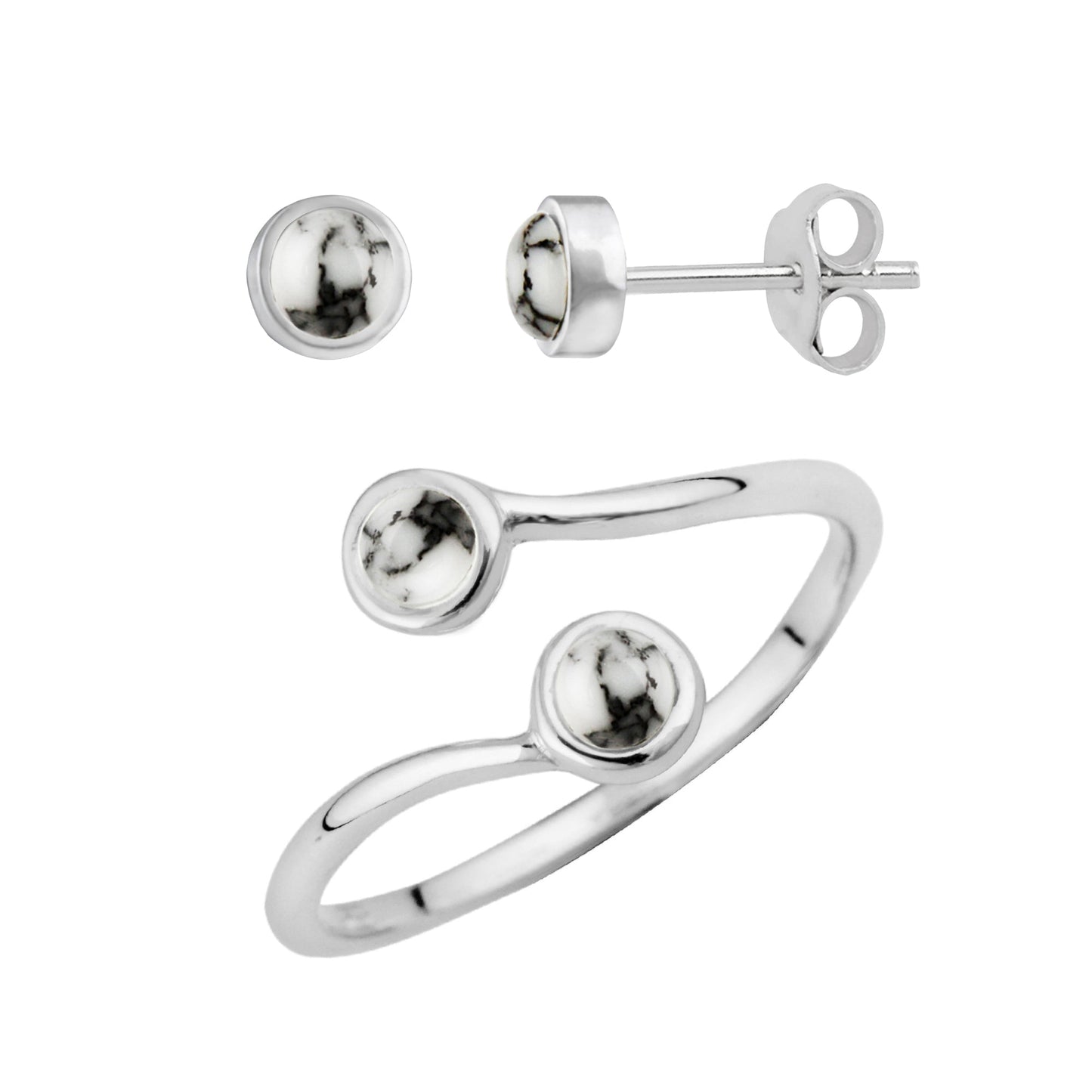 Sterling Silver Faux Howlite Stud Earrings & Adjustable Ring Set