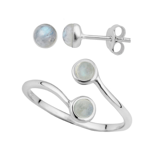 Sterling Silver Moonstone Stud Earrings & Adjustable Ring Set