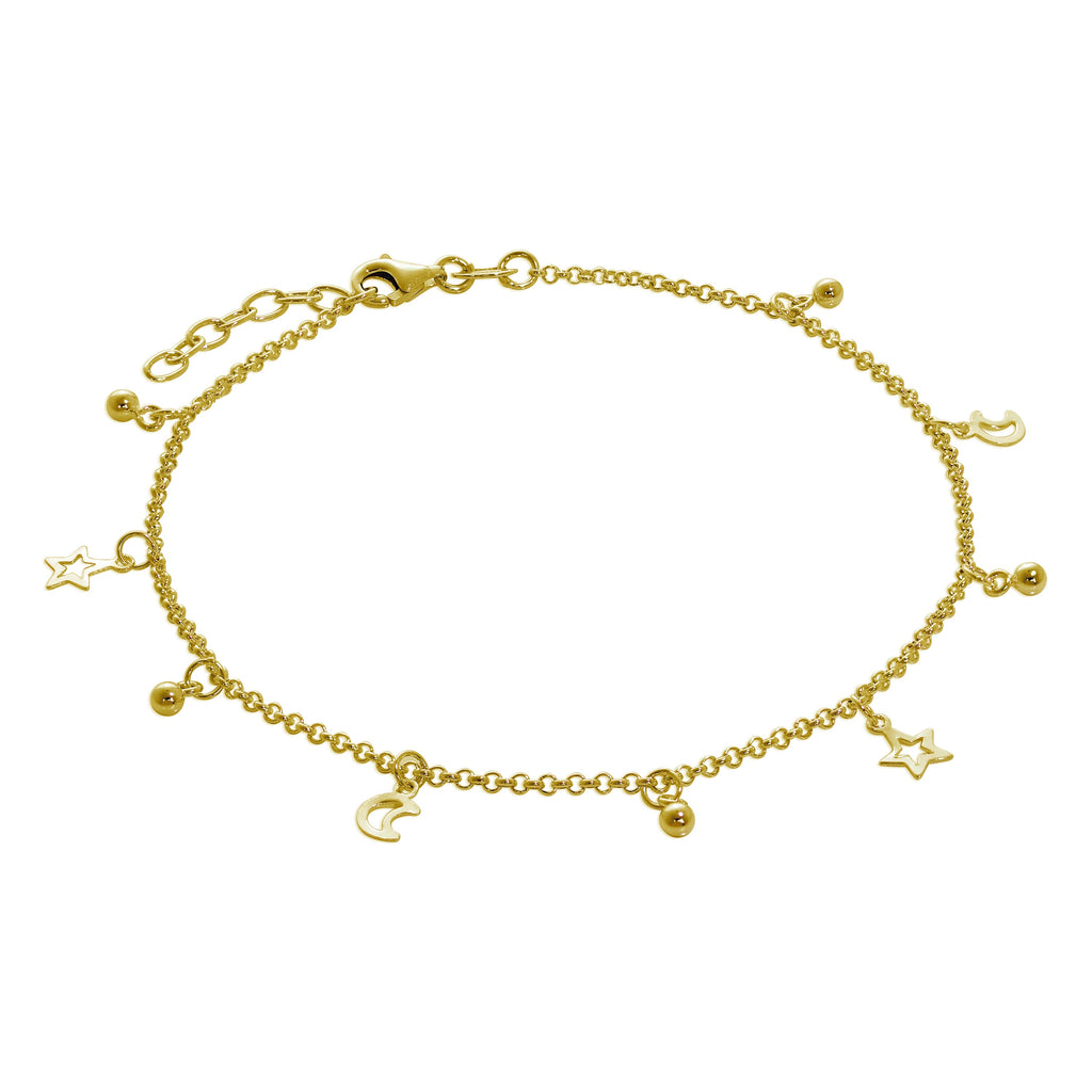 Gold Plated Sterling Silver Moon & Star Adjustable Anklet