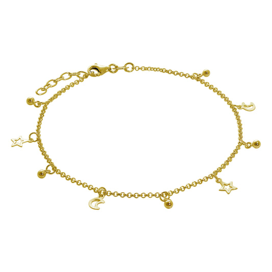 Gold Plated Sterling Silver Moon & Star Adjustable Anklet