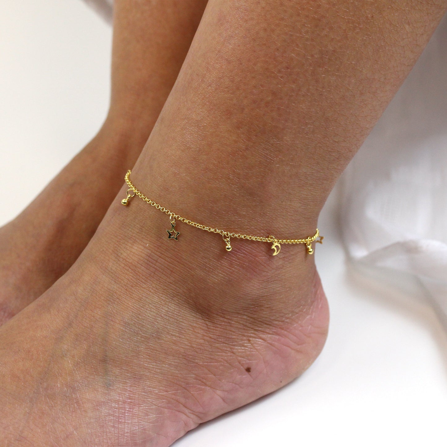 Gold Plated Sterling Silver Moon & Star Adjustable Anklet