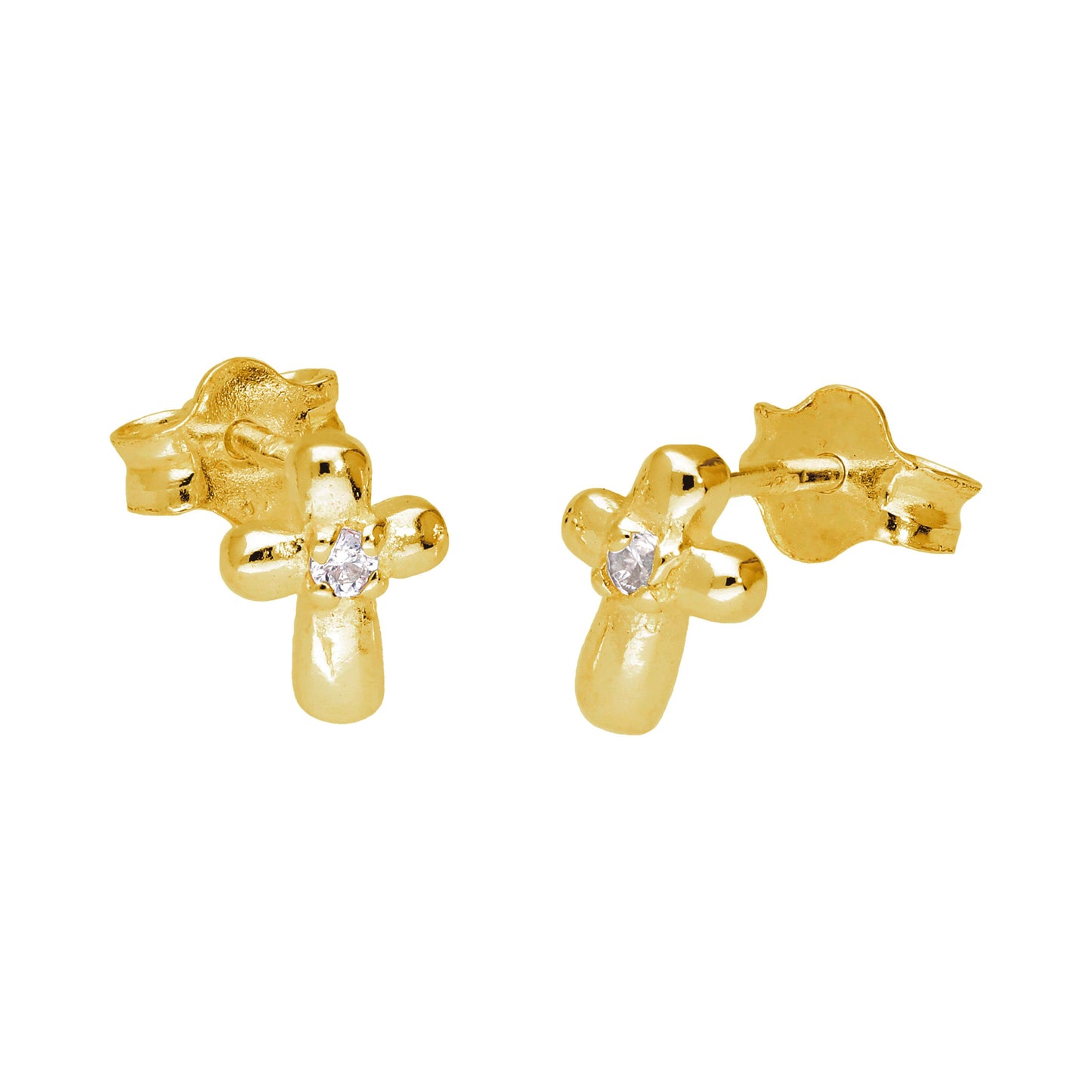 Gold Plated Sterling Silver Tiny Cross CZ Stud Earrings