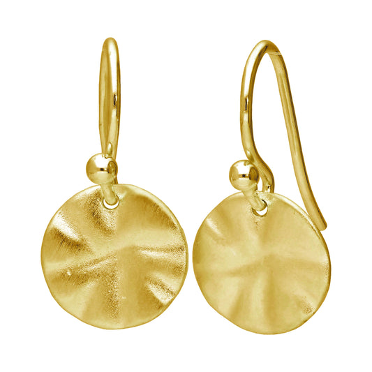 Gold Plated Sterling Silver Hammered Disc Drop Earrings