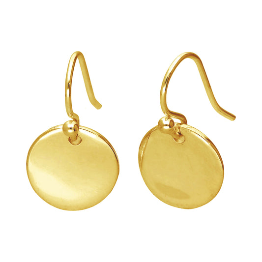 Gold Plated Sterling Silver Round Disc Drop Dangle Earrings