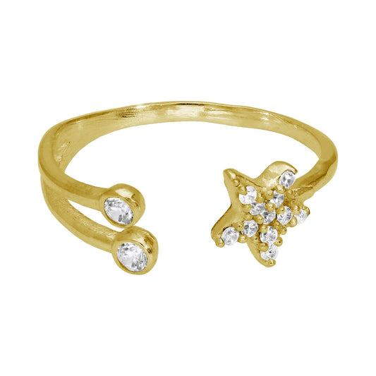 Gold Plated Sterling Silver CZ Star Open Adjustable Ring - jewellerybox