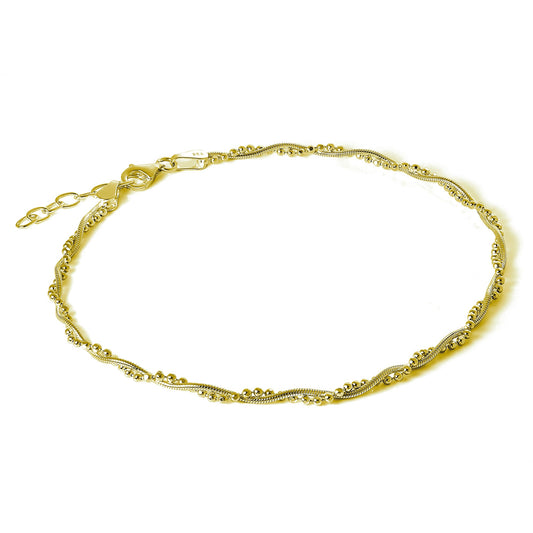 Gold Plated Sterling Silver Snake & Bead Twisted Chain Anklet