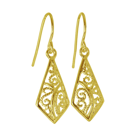 Gold Plated Sterling Silver Filigree Leaf Dangle Earrings