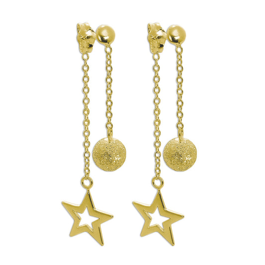 Gold Plated Sterling Silver Frosted Ball & Star Dangle Stud Earrings