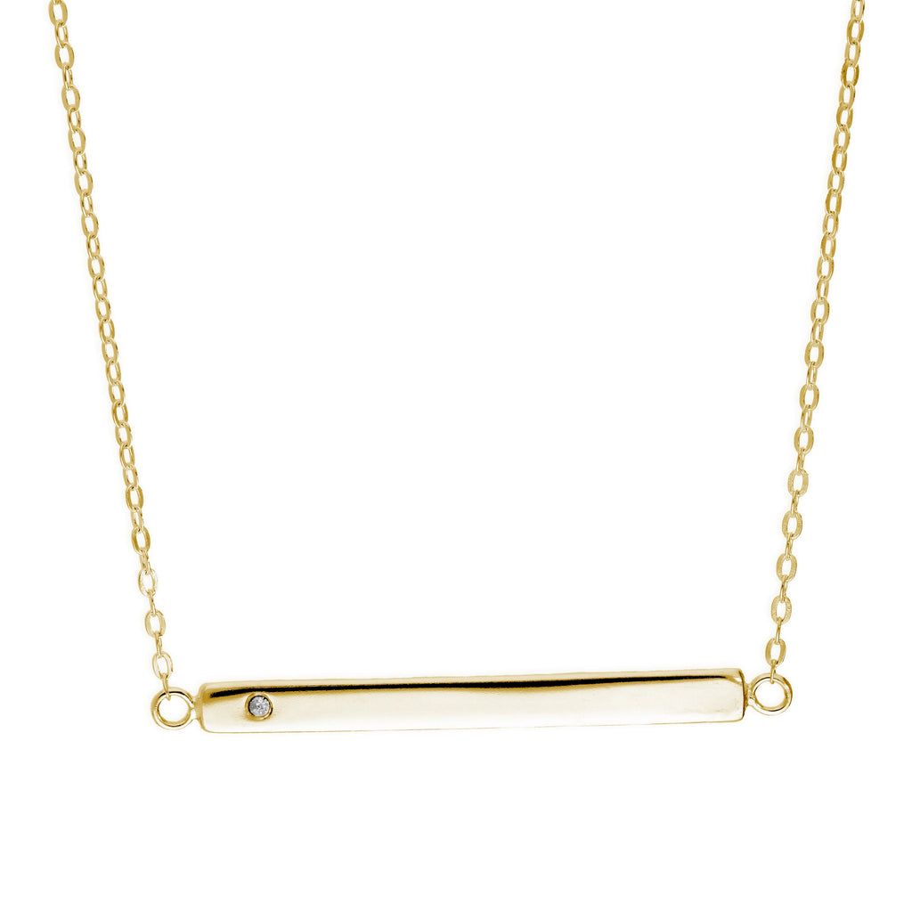 Yellow Gold Plated Sterling Silver CZ Engravable Bar Necklace 18 Inch