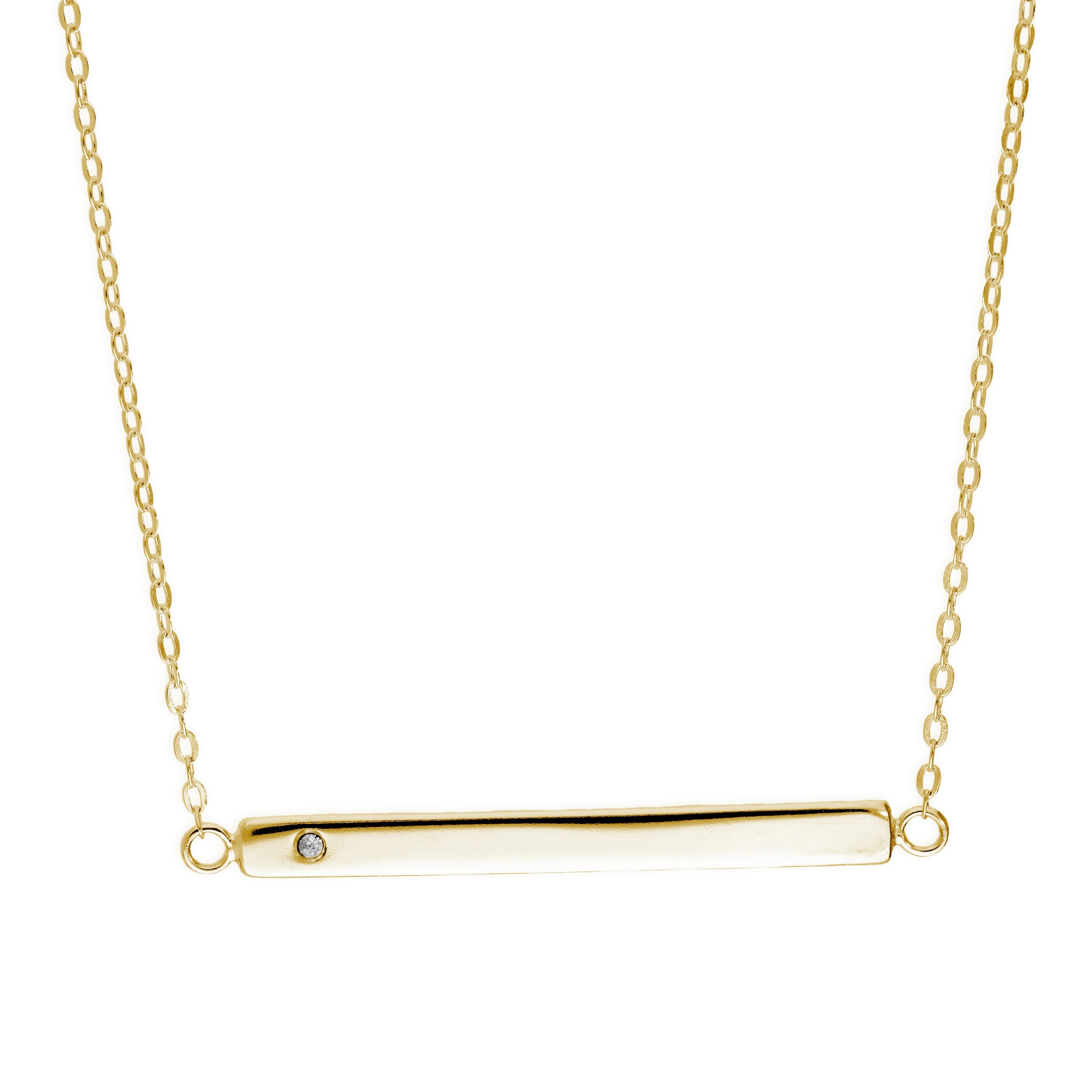 Yellow Gold Plated Sterling Silver CZ Engravable Bar Necklace 18 Inch