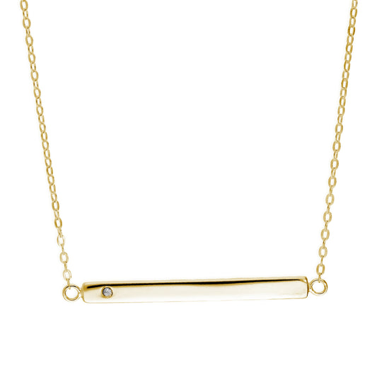 Yellow Gold Plated Sterling Silver CZ Engravable Bar Necklace 18 Inch