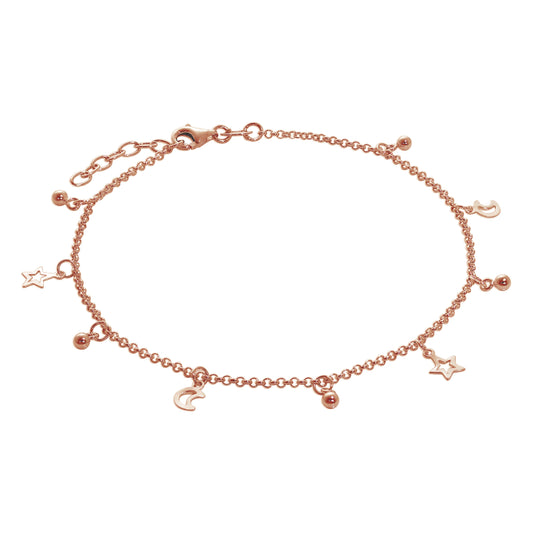 Rose Gold Plated Sterling Silver Moon & Star Ball Anklet