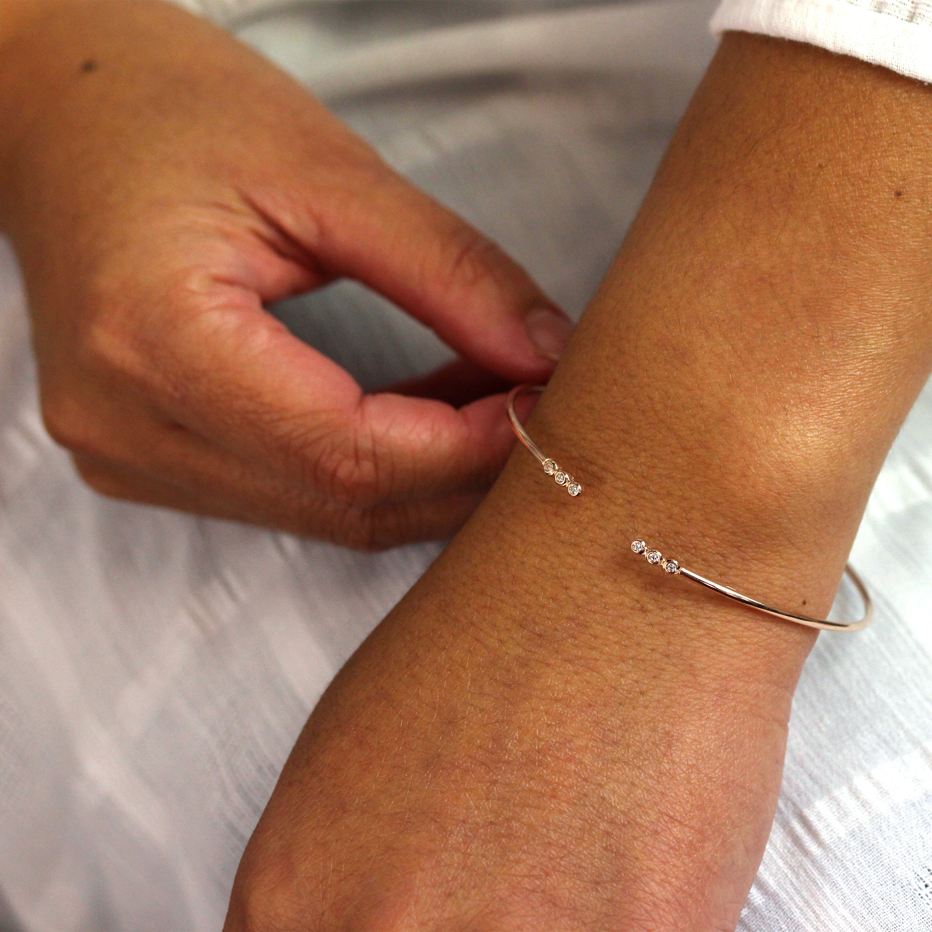 Rose Gold Plated Sterling Silver Tiny Round CZ Cuff Bangle