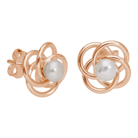 Rose Gold Plated Sterling Silver Knot Pearl Stud Earrings