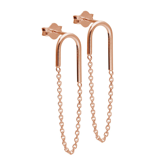 Rose Gold Plated Sterling Silver Curve Bar Chain Stud Earrings