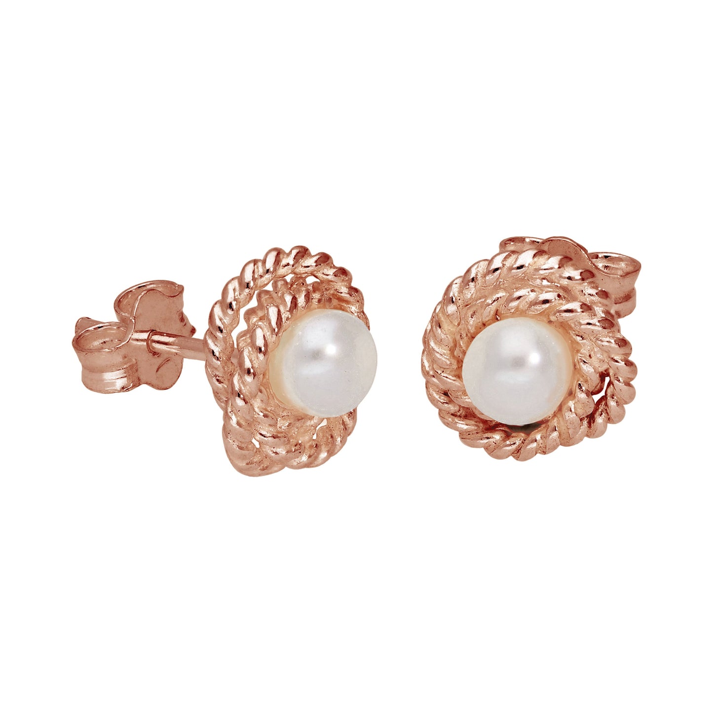 Rose Gold Plated Sterling Silver Beaded Knot Pearl Stud Earrings