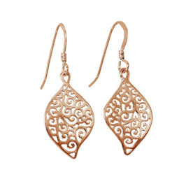 Rose Gold Plated Sterling Silver Filigree Leaf Drop Earrings