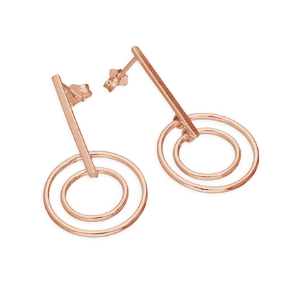 Rose Gold Plated Sterling Silver Bar & Circles Drop Stud Earrings