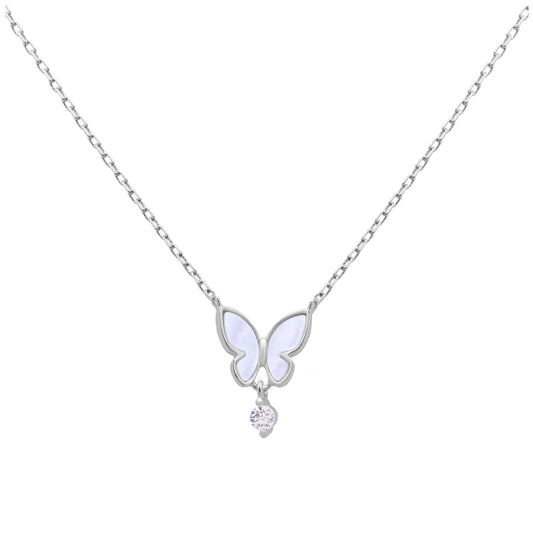 Sterling Silver Mother of Pearl Butterfly CZ Necklace 18 Inch