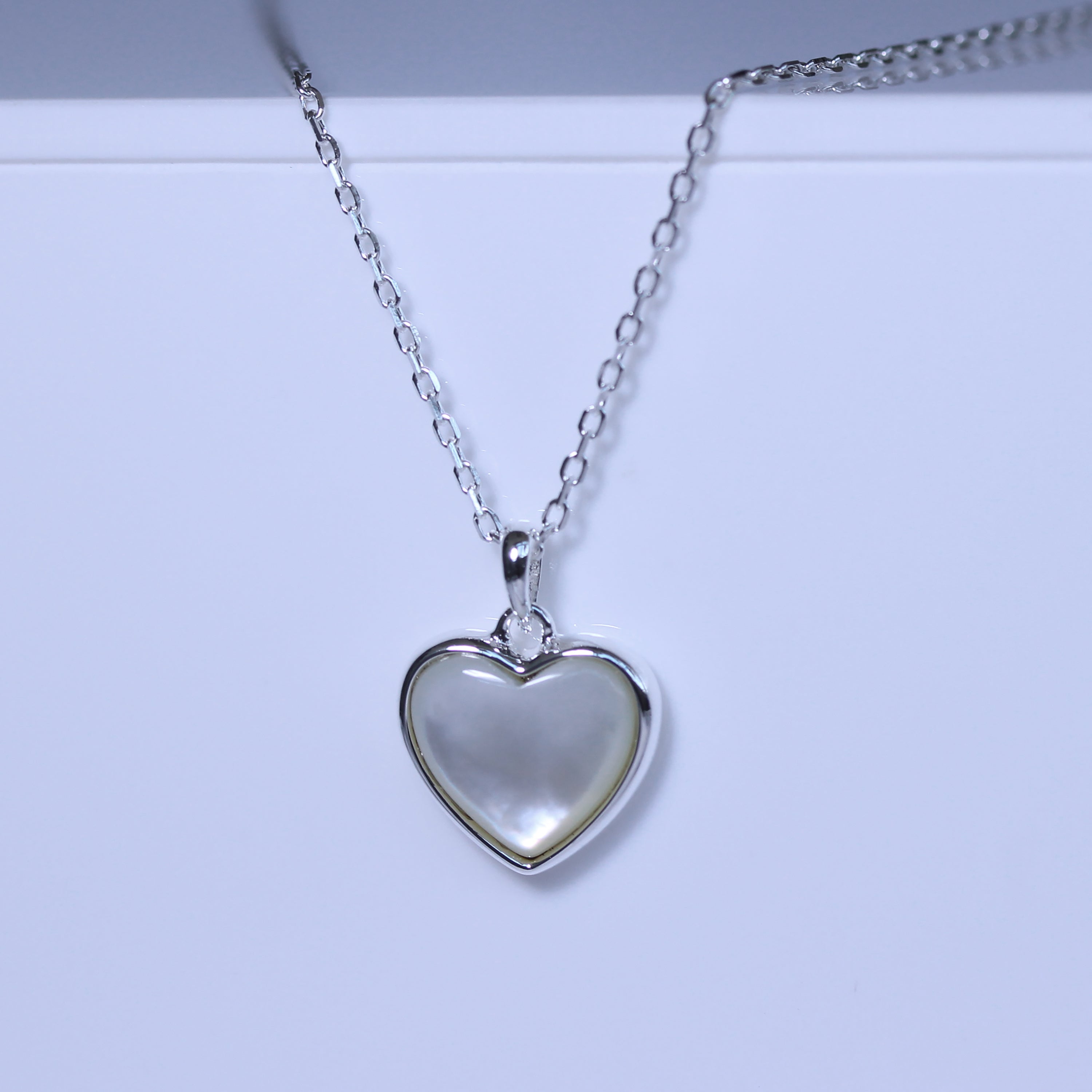 Sterling Silver Mother of Pearl Heart Necklace 18 Inch