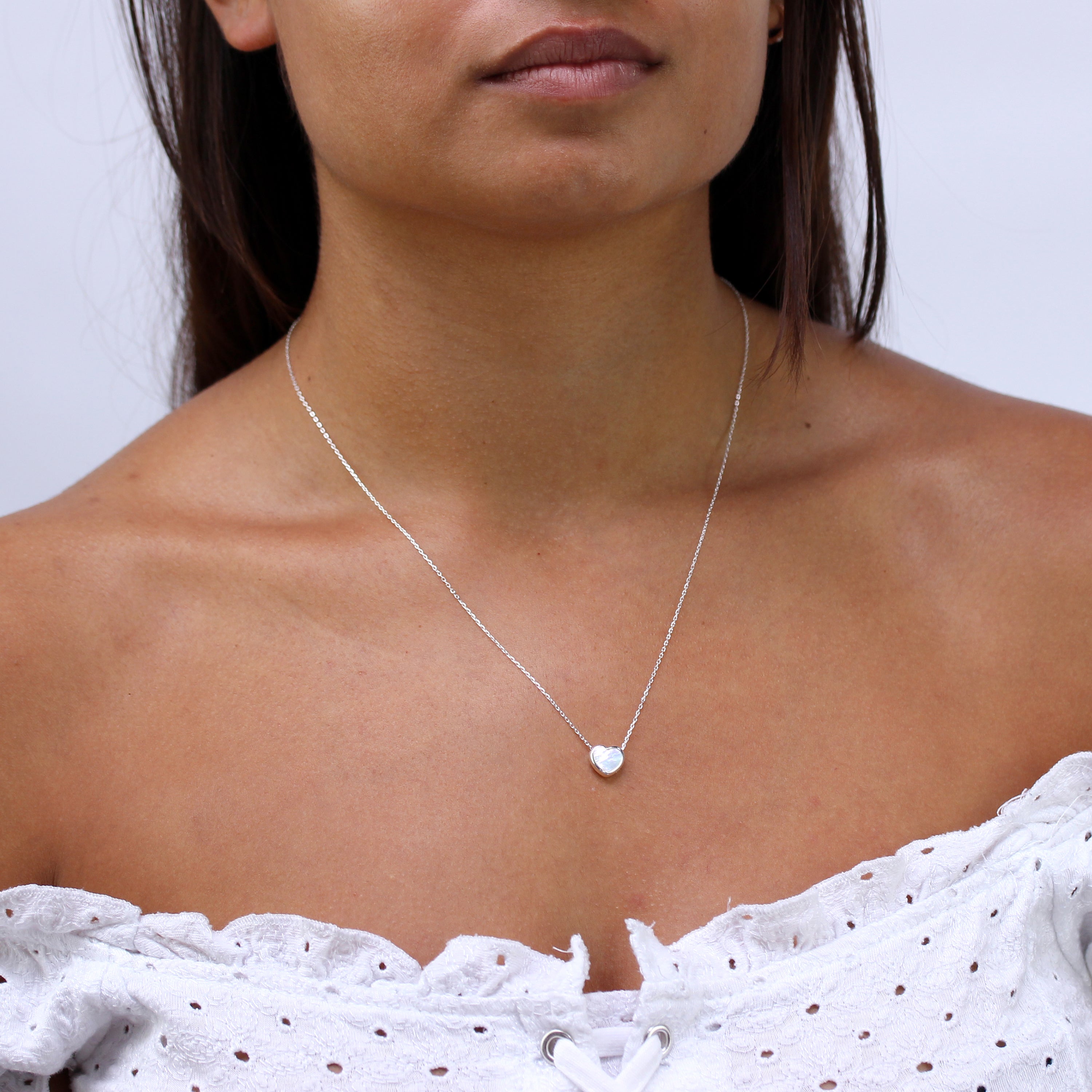 Sterling Silver Mother of Pearl Heart Necklace 18 Inch