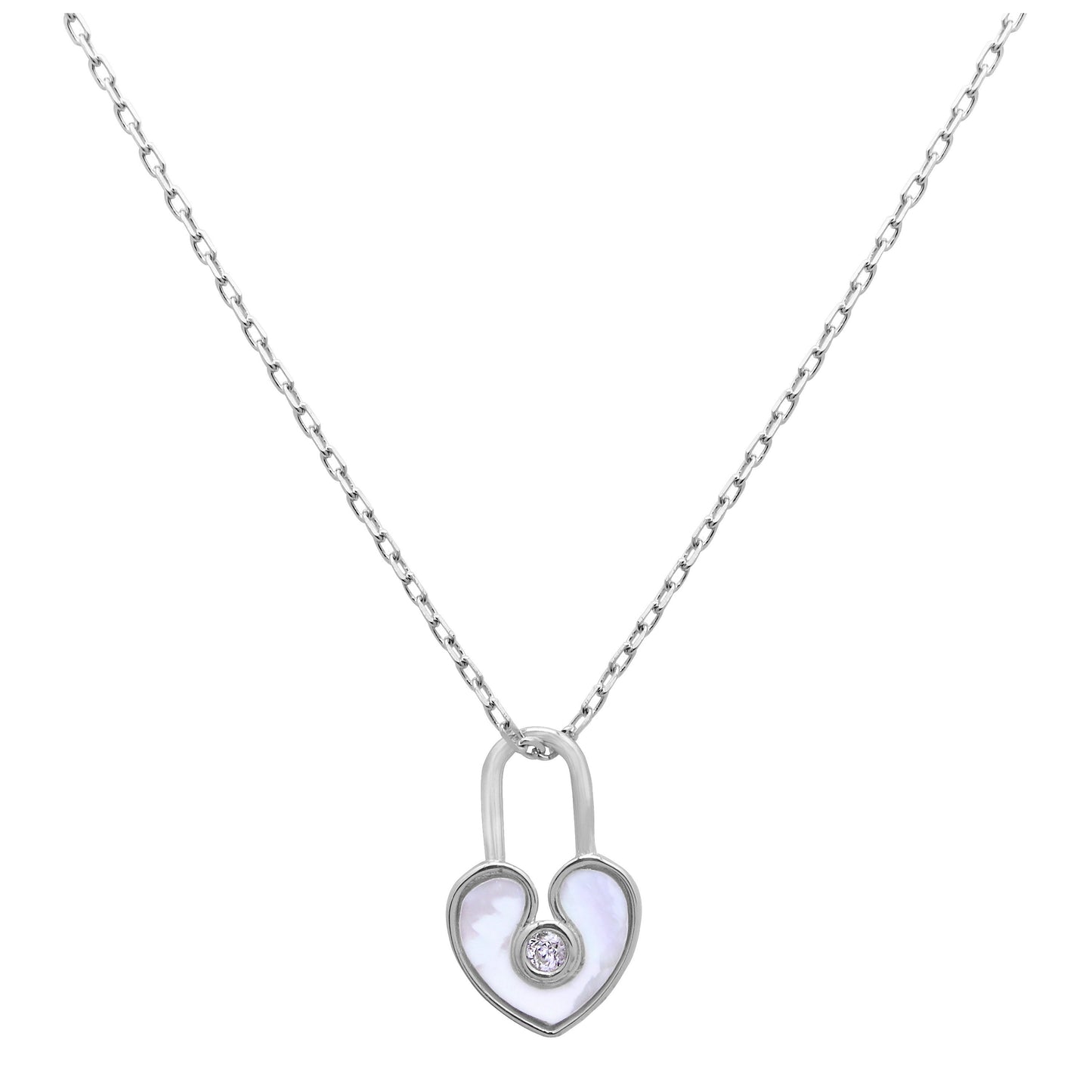 Sterling Silver Mother of Pearl & CZ Heart Padlock Necklace 18 Inch