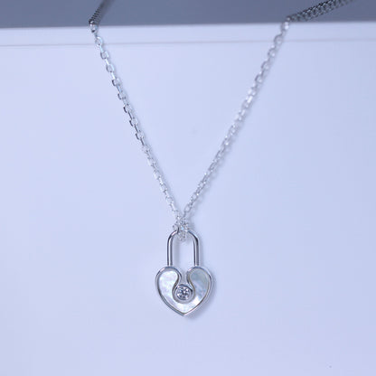Sterling Silver Mother of Pearl & CZ Heart Padlock Necklace 18 Inch
