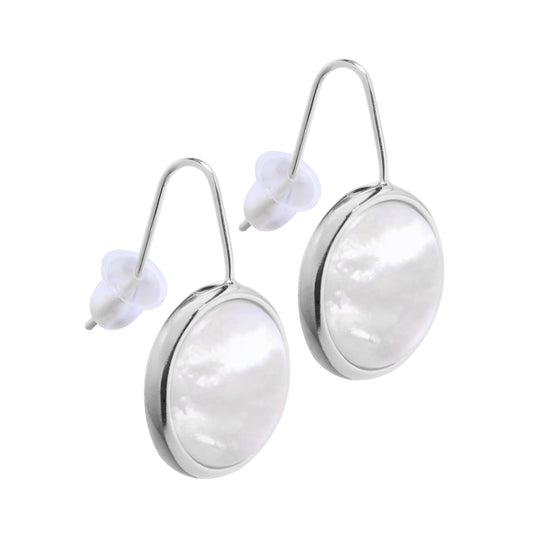 Sterling Silver Mother of Pearl Round Dangle Drop Earrings