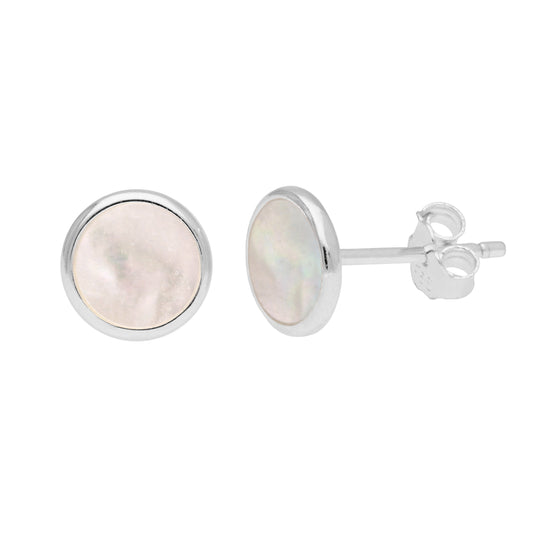 Sterling Silver Mother of Pearl Round Stud Earrings