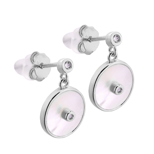 Sterling Silver Mother of Pearl & CZ Drop Dangle Round Stud Earrings