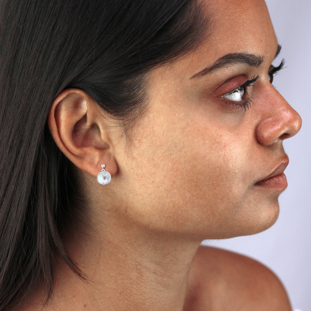 Sterling Silver Mother of Pearl & CZ Drop Dangle Round Stud Earrings