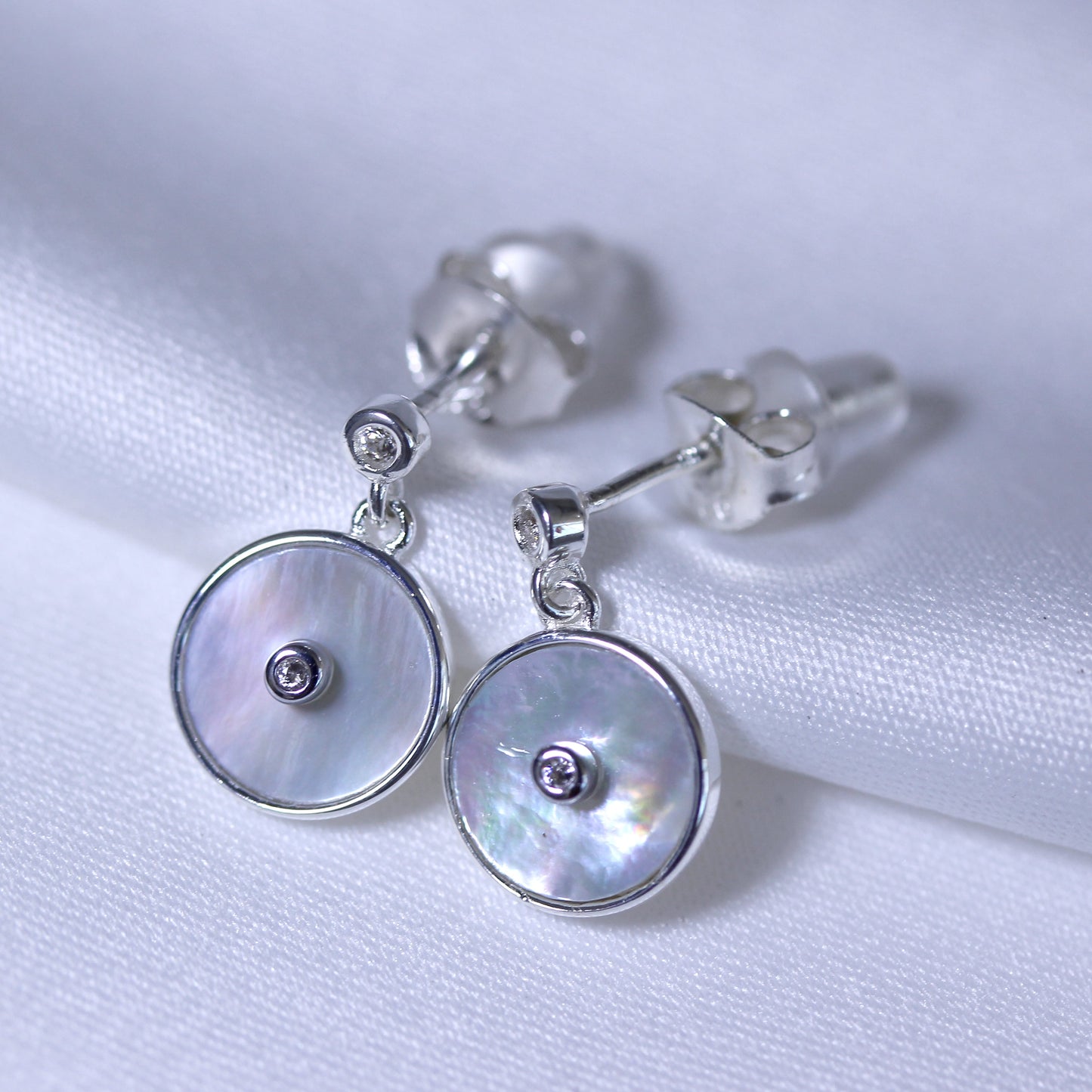 Sterling Silver Mother of Pearl & CZ Drop Dangle Round Stud Earrings