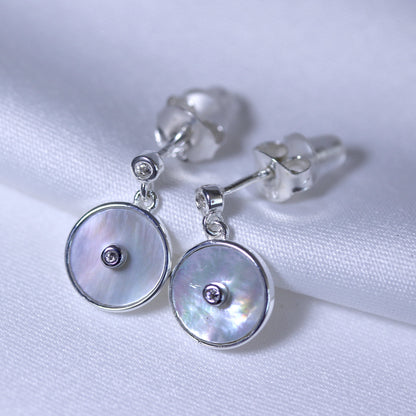 Sterling Silver Mother of Pearl & CZ Drop Dangle Round Stud Earrings
