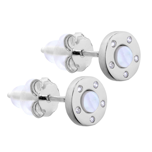Sterling Silver Round Mother of Pearl & CZ Stud Earrings