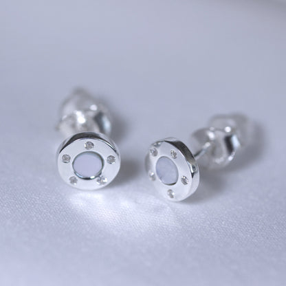 Sterling Silver Round Mother of Pearl & CZ Stud Earrings