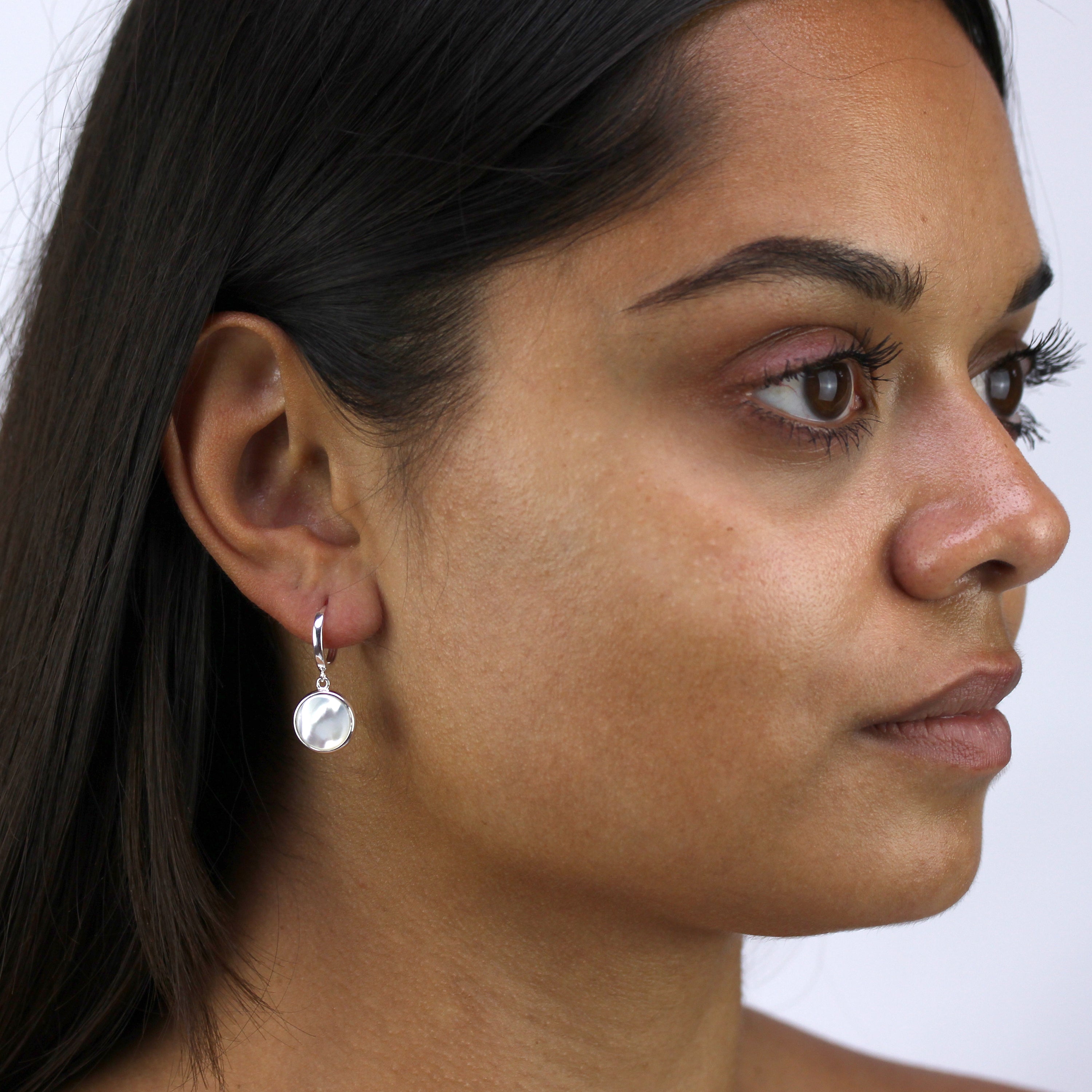 Sterling Silver Round Mother of Pearl Charm Hoops Earrings