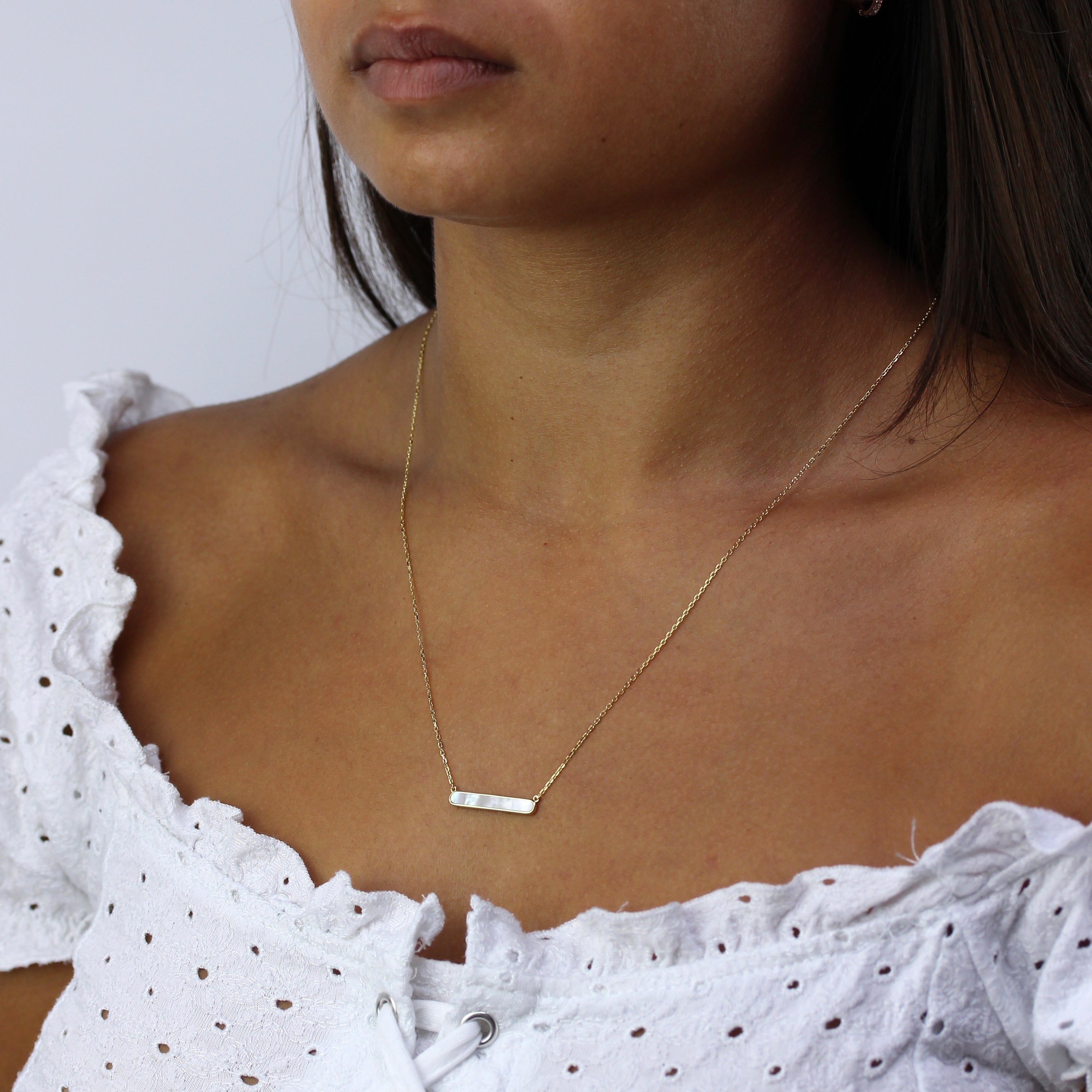Gold Plated Sterling Silver Mother of Pearl Bar Necklace 18"