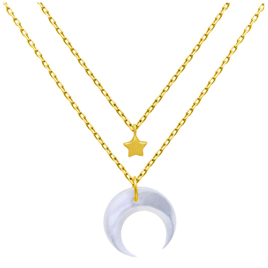 Gold Plated Sterling Silver Star & Crescent Moon Double Necklace