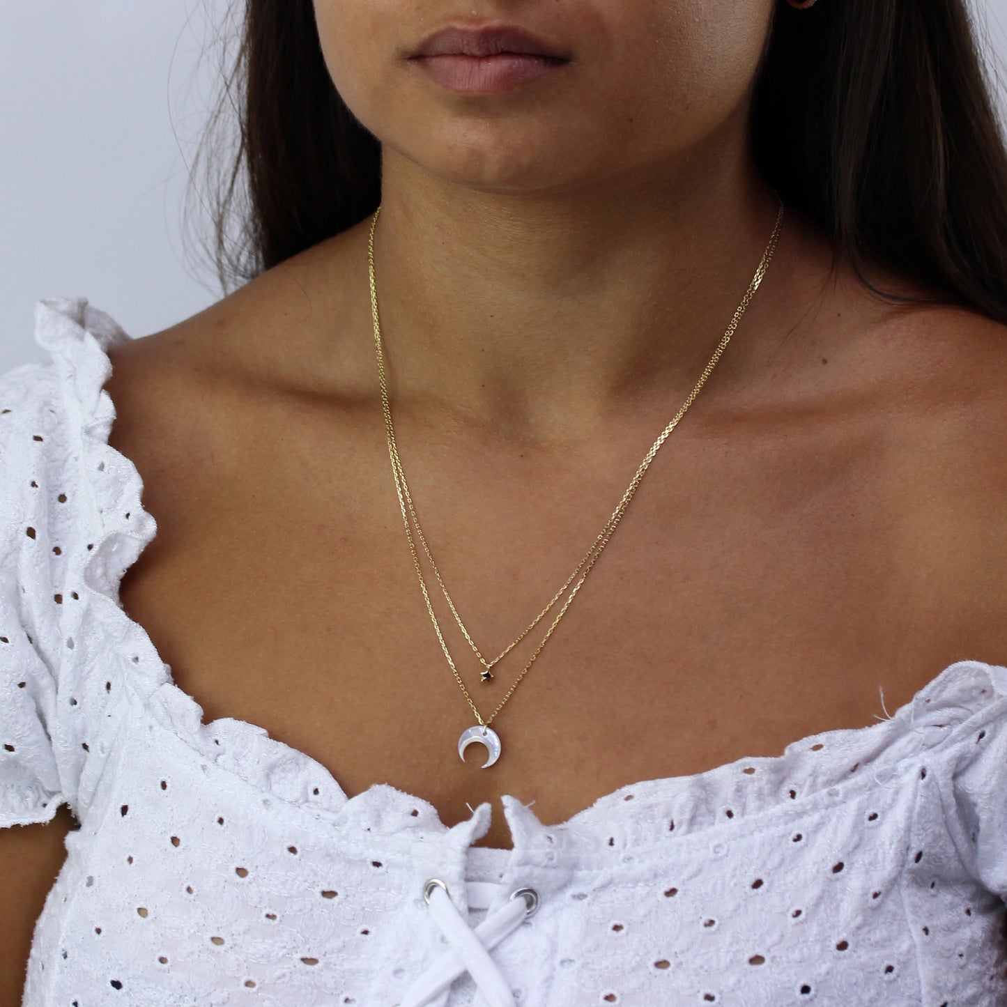 Gold Plated Sterling Silver Star & Crescent Moon Double Necklace