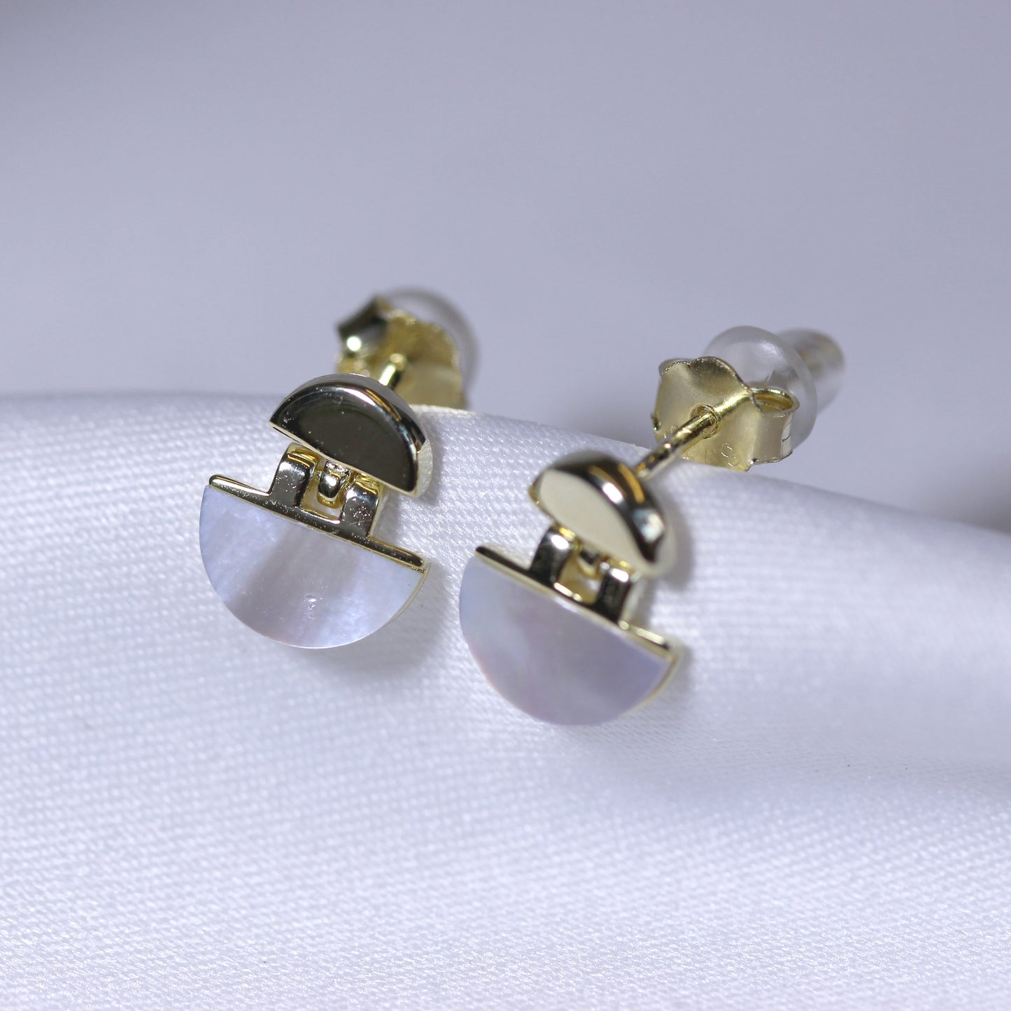 Gold Plated Sterling Silver Mother of Pearl Round Drop Stud Earrings